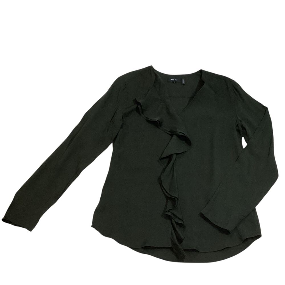 Theory 100% Silk Ruffle Front V-Neck Long Sleeve Georgette Blouse Shirt Size M - Picture 4 of 7